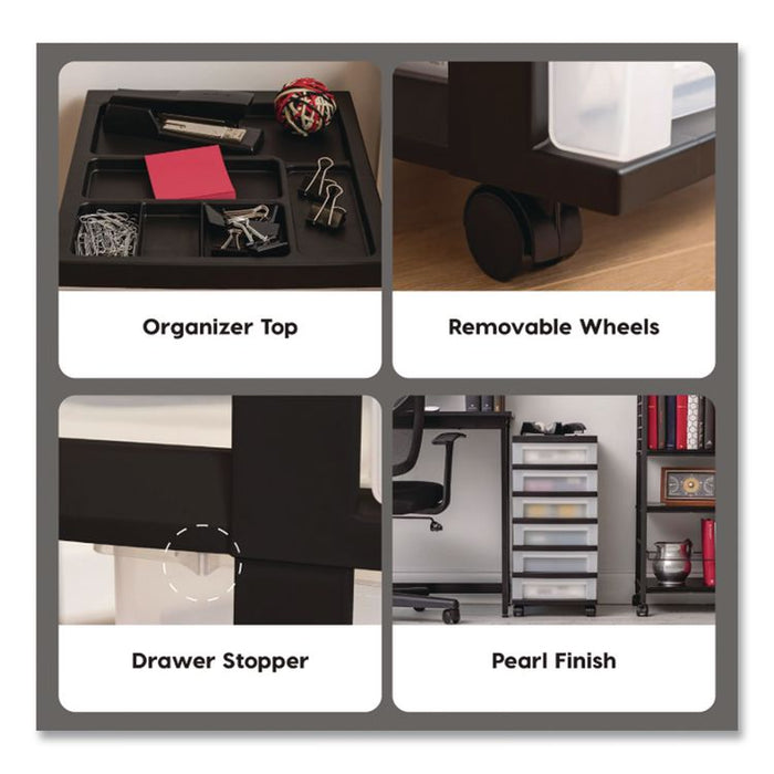 Six-Drawer Durable Storage Cart, Plastic, 15 lb Capacity, 12.13 x 14.38 x 26.38, Clear/Black