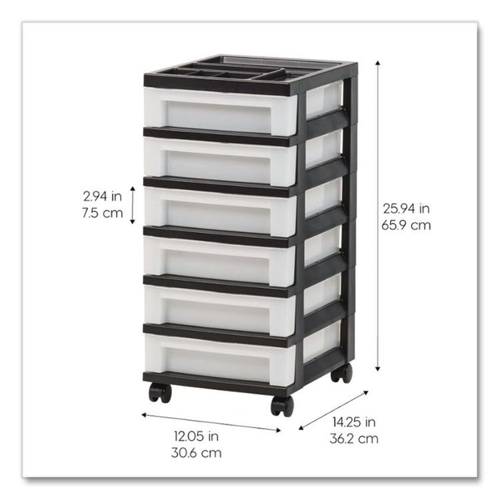 Six-Drawer Durable Storage Cart, Plastic, 15 lb Capacity, 12.13 x 14.38 x 26.38, Clear/Black