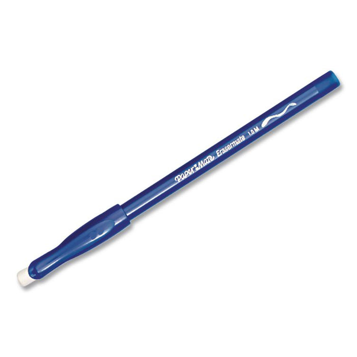 Eraser Mate Ballpoint Pen, Stick, Medium 1 mm, Blue Ink, Blue Barrel, Dozen