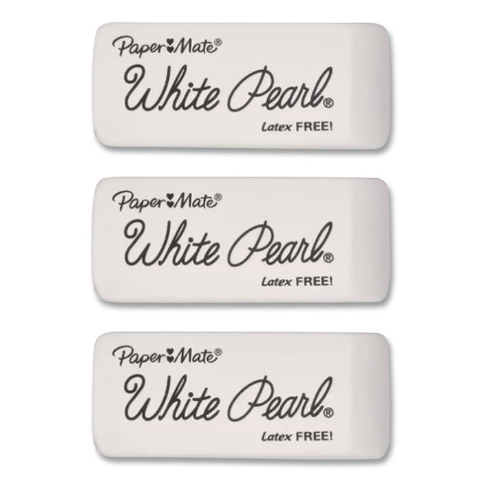 White Pearl Latex-Free Plastic Eraser, For Pencil Marks, Rectangular Block, White, 3/Pack