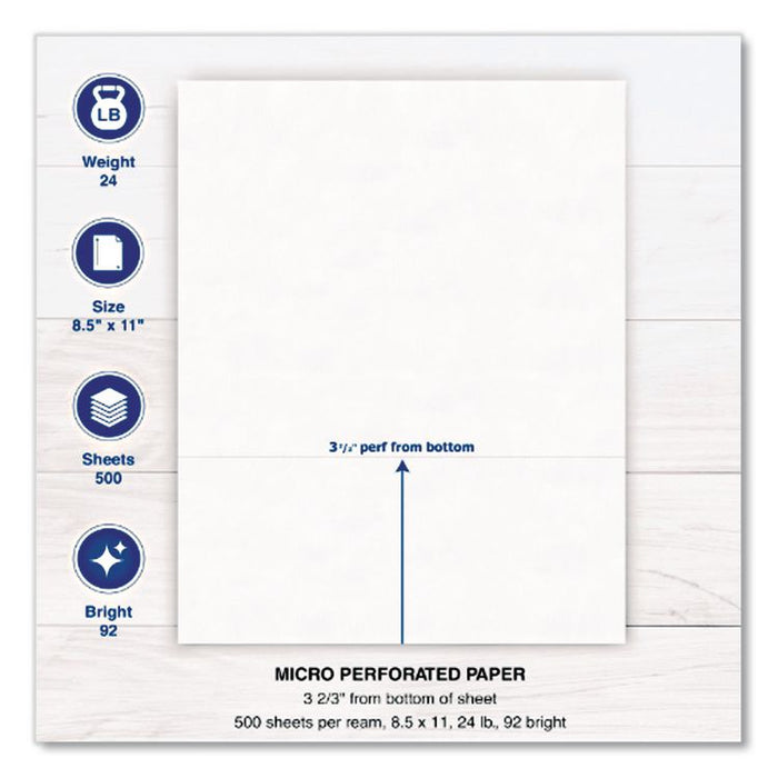 Perforated Paper, 92 Bright, Perforated 3.67 from Bottom, 24 lb Bond Weight, 8.5 x 11, White, 500 Sheets/Ream, 5 Reams/Carton