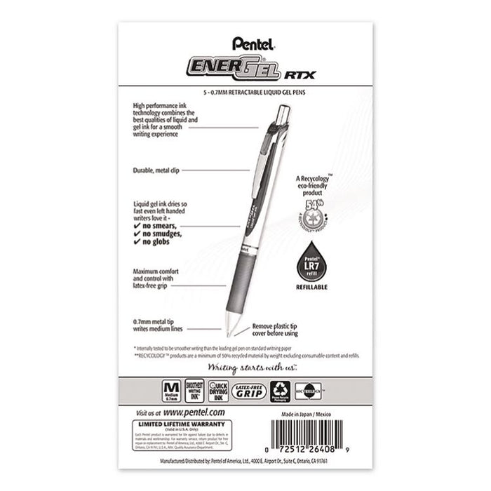 EnerGel RTX Gel Pen, Retractable, Medium 0.7 mm, Black Ink, Gray/Black Barrel, 5/Pack