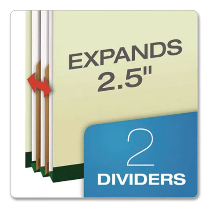 Reinforced Pressboard Classification Folders, 2/5 Tab, Expands 2.5", 2 Dividers, 6 Fasteners, Letter Size, Light Green, 10/BX