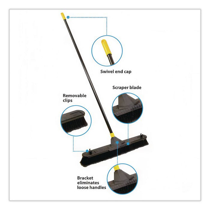 Bulldozer Smooth Surface Pushbroom with Scraper Block, 24 x 60, Powder Coated Handle, Split Tip Tampico Bristles, Black