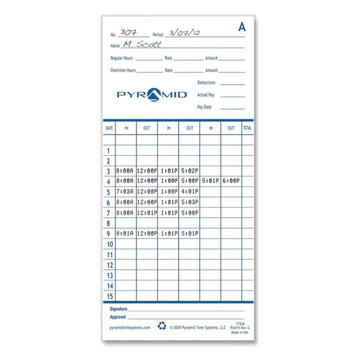Time Clock Cards for Pyramid Technologies 2000/6000, Two Sides, 3.38 x 7.44, 100/Pack