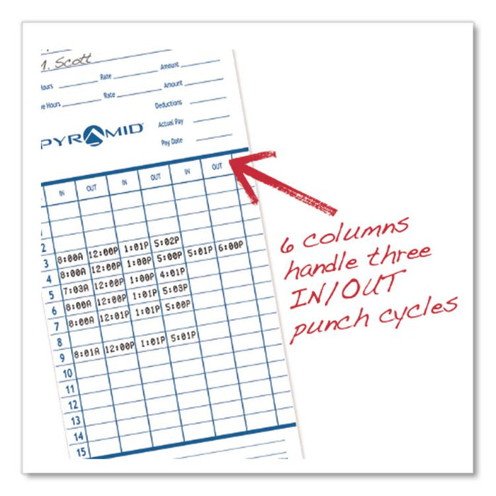 Time Clock Cards for Pyramid Technologies 2000/6000, Two Sides, 3.38 x 7.44, 100/Pack