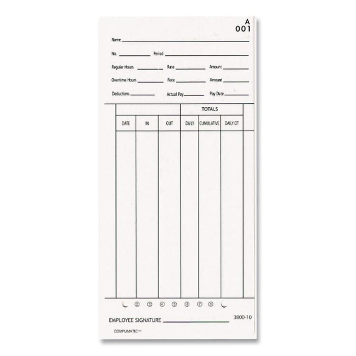 Time Clock Cards for 3800 Time Clock, 100/Pack