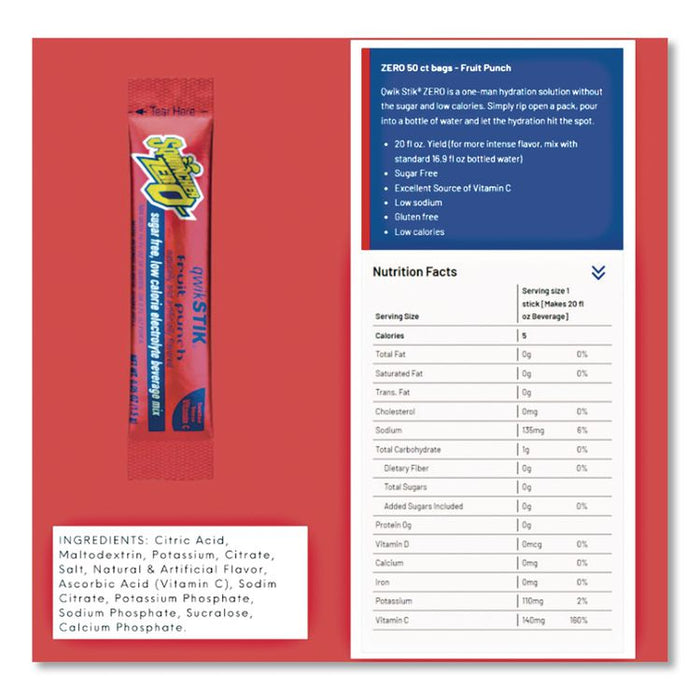 Sugar-Free Qwik Stik Energy Drink Mix, Fruit Punch, 1.26 oz Packet, 50/Pack