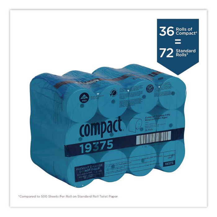 Compact Coreless Recycled Toilet Paper, 2-Ply, White, 1,000 Sheets/Roll, 36 Rolls/Carton