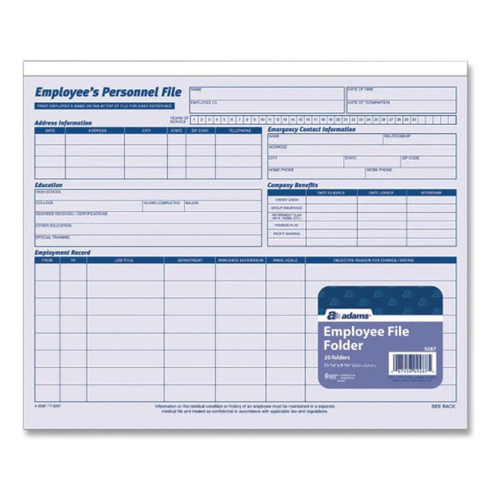 Employee Personnel File Jacket, Unpunched, Straight Tab, Letter Size, Blue, 20/Pack