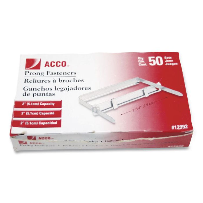 Standard Two-Piece Two-Prong Paper Fastener Base and Compressor Sets, 2" Capacity, 2.75" Center to Center, Silver, 50/Box