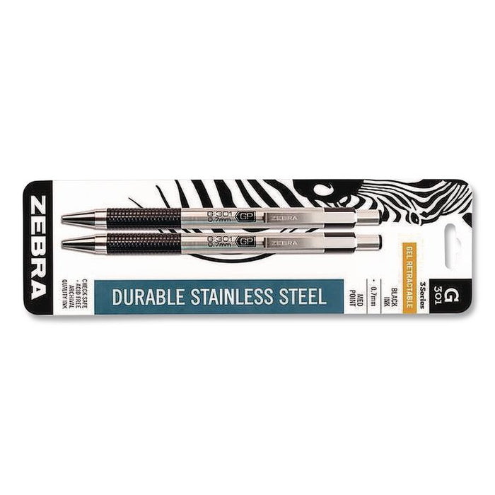 G-301 Gel Pen, Retractable, Medium 0.7 mm, Black Ink, Stainless Steel/Black Barrel, 2/Pack