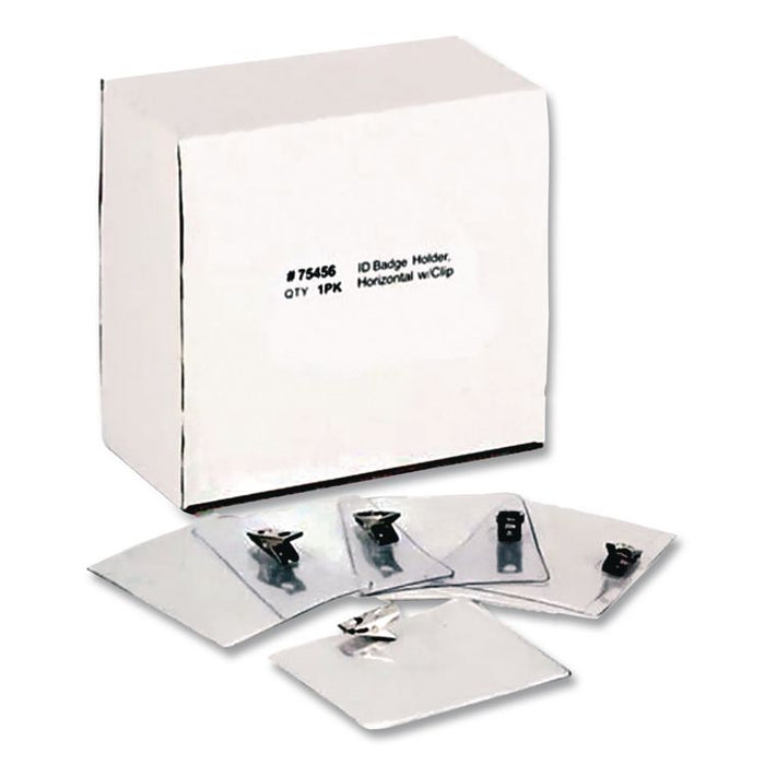 ID Badge Holders with Clip, Horizontal, Clear 4.13" x 3.38" Holder, 3.75" x 2.75" Insert, 50/Pack
