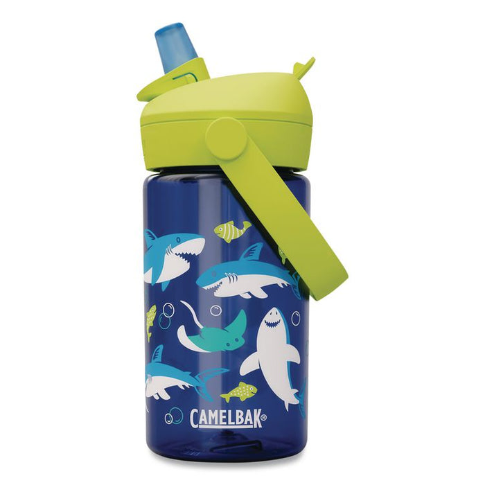 Thrive FlipStraw Plastic Water Bottle, 14 oz, Sharks and Rays Design, Blue/Yellow