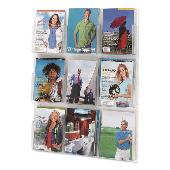 Clear2c Magazine Rack, 9 Pockets, 29 x 3 x 36, Clear