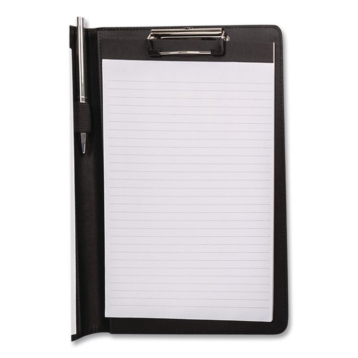 Faux-Leather Padfolio, Notched Front Cover with Clipboard Fastener, 9 x 12 Pad, 9.75 x 12.5, Black