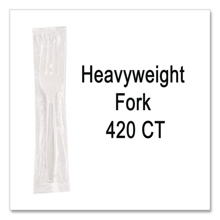 Elegant Dinnerware Heavyweight Cutlery, Individually Wrapped, Fork, Plastic, White, 420/Box