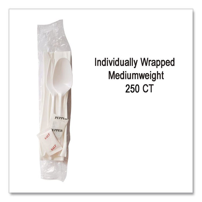 Mediumweight Cutlery Kit, Fork/Knife/Napkin/Pepper/Salt/Spoon, Plastic, White, 250/Carton