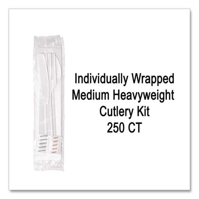 Medium Heavyweight Cutlery Kit, Fork/Knife/Napkin/Pepper/Salt/Spoon, Plastic, White, 250/Carton