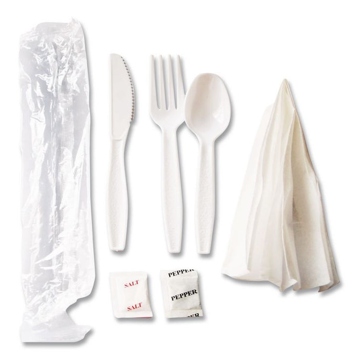 Medium Heavyweight Cutlery Kit, Fork/Knife/Napkin/Pepper/Salt/Spoon, Plastic, White, 250/Carton