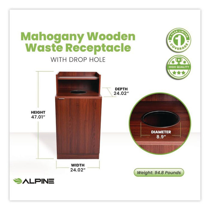 Food Service Trash Enclosure, 32 gal, Melamine Faced Chipboard, Mahogany