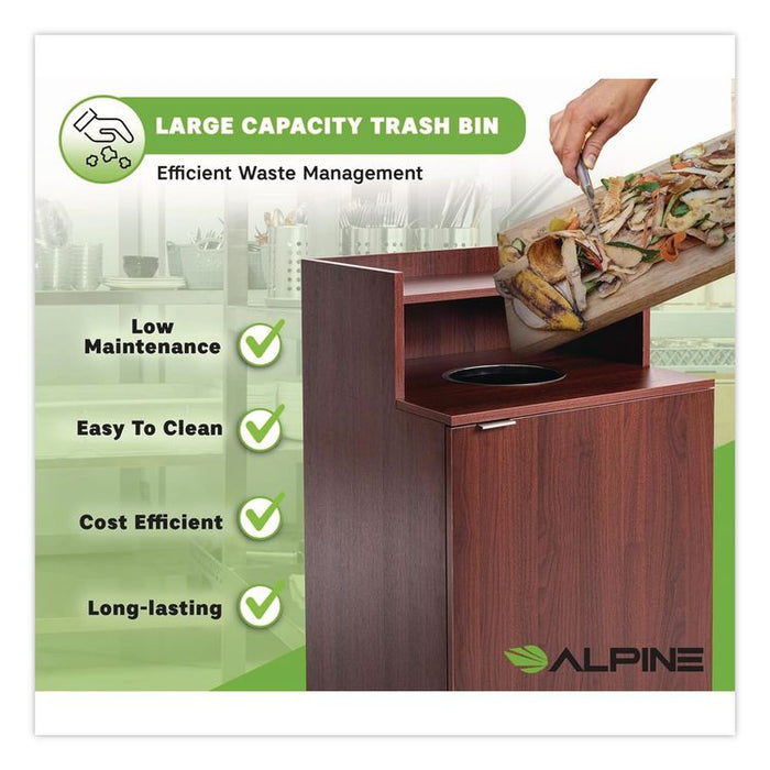 Food Service Trash Enclosure, 32 gal, Melamine Faced Chipboard, Mahogany