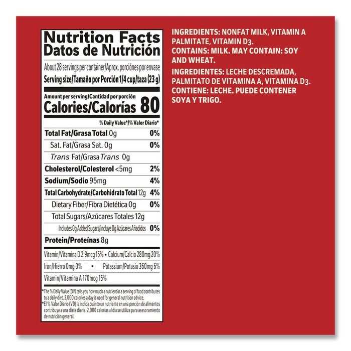 Instant Nonfat Dry Milk, Unsweetened, 8.5 lb Canister, 6/Carton