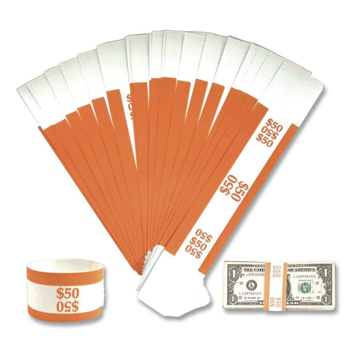 Currency Straps, Self-Adhesive, Ones, $50 Strap, Orange/White, 1,000/Pack