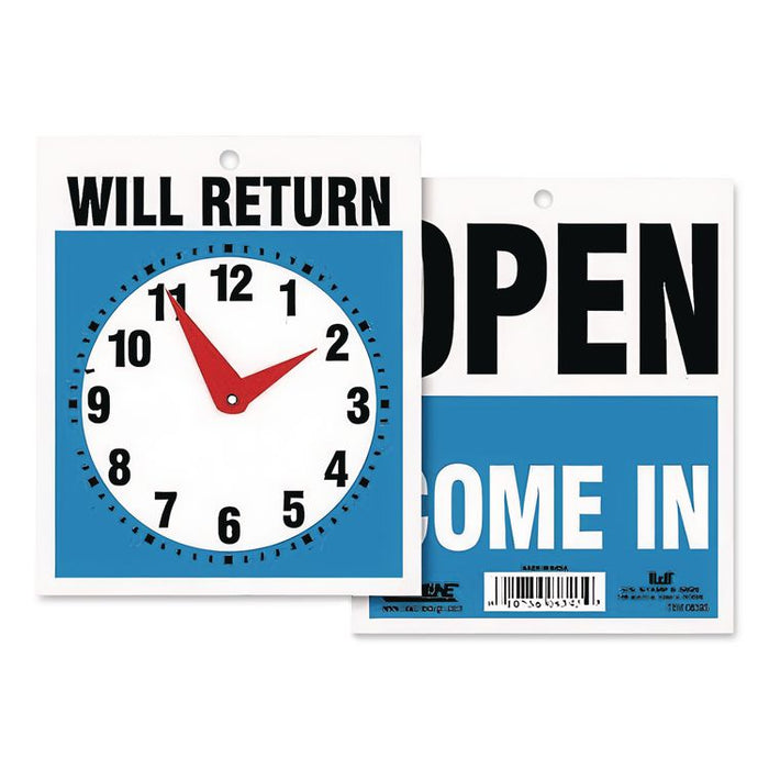 Double-Sided Open/Will Return Sign with Clock Hands, Plastic, 7.5 x 9