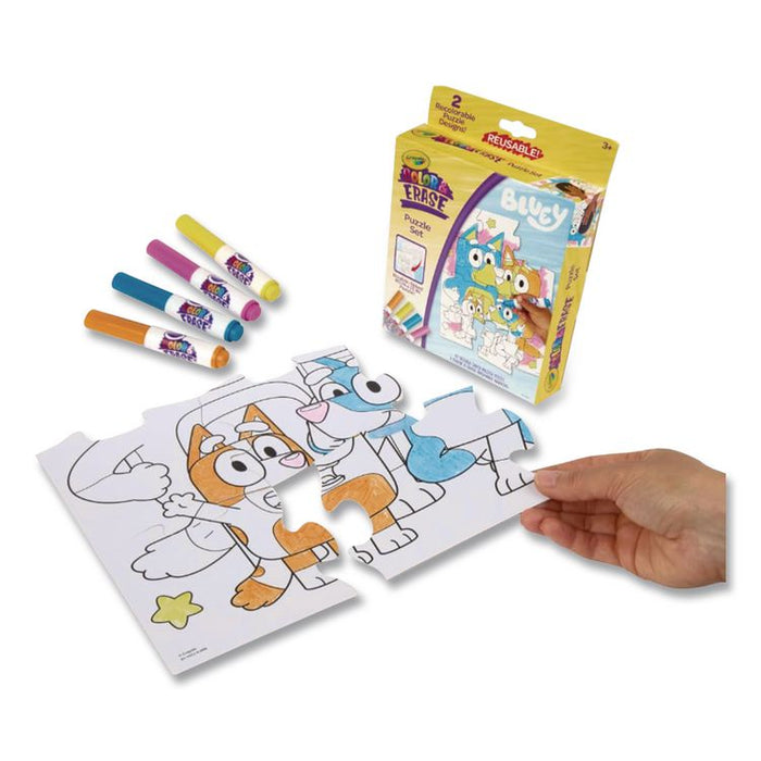 Bluey Color and Erase Reusable Puzzle Set with (12) Two-Sided Puzzle Pieces and (4) Markers, Ages 3 and Up, 16 Pieces