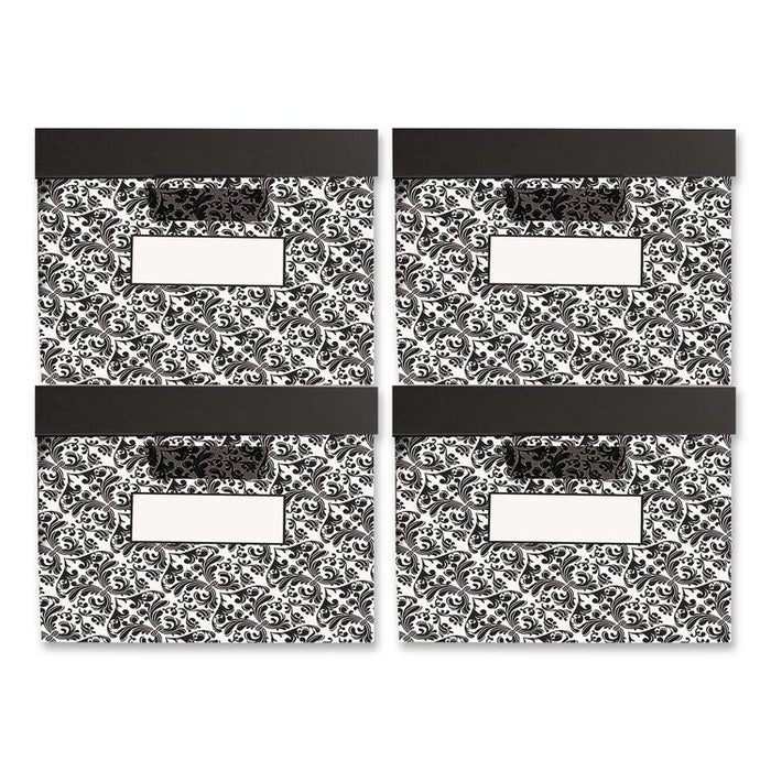 STOR/FILE Decorative Medium-Duty Storage Box, Letter/Legal Files, 12.5" x 16.25" x 10.5", Black/White Brocade Design, 4/CT