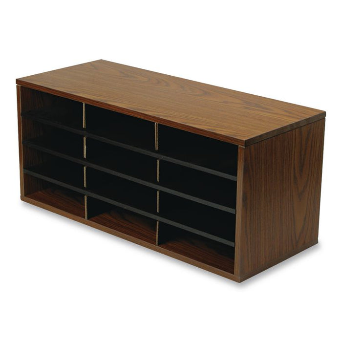 Particle Board Desktop Sorter, 12 Compartments, 29 x 11.88 x 12.94, Medium Oak