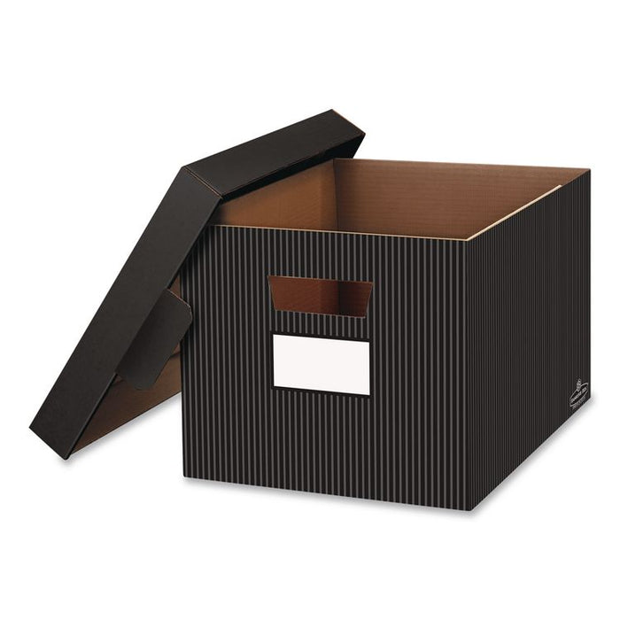 STOR/FILE Decorative Medium-Duty Storage Box, Letter/Legal Files, 12.5" x 16.25" x 10.25", Black/Gray Pinstripe Design, 4/CT