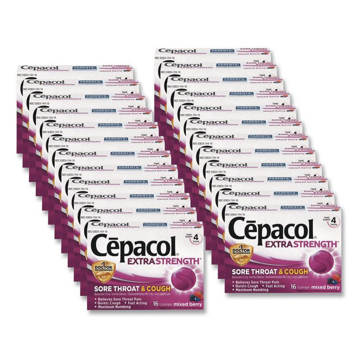Extra Strength Sore Throat and Cough Lozenges, Mixed Berry, 16/Pack, 24 Packs/Carton