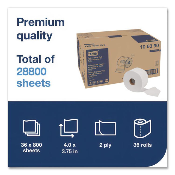 Premium Bath Tissue Roll with OptiCore, Septic Safe, 2-Ply, White, 800 Sheets/Roll, 36 Rolls/Carton