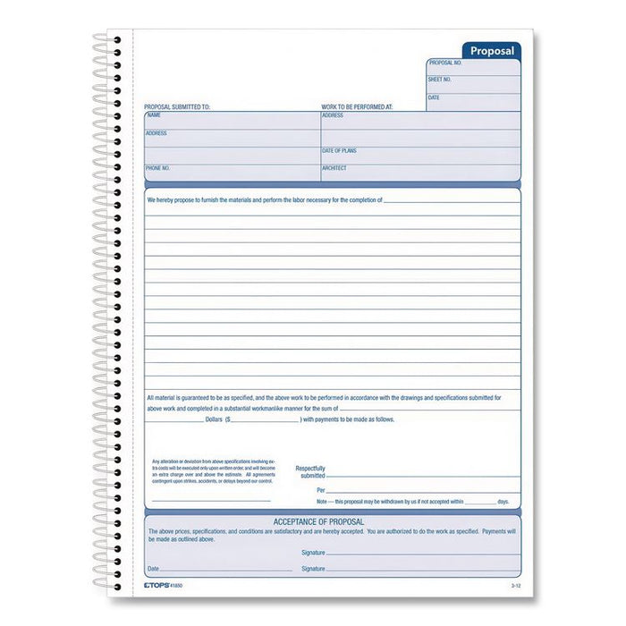 Spiralbound Proposal Form Book, Two-Part Carbonless, 11 x 8.5, 50 Forms Total