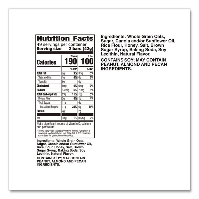 Granola Bars, Oats and Honey, 1.5 oz Bar, 49/Carton