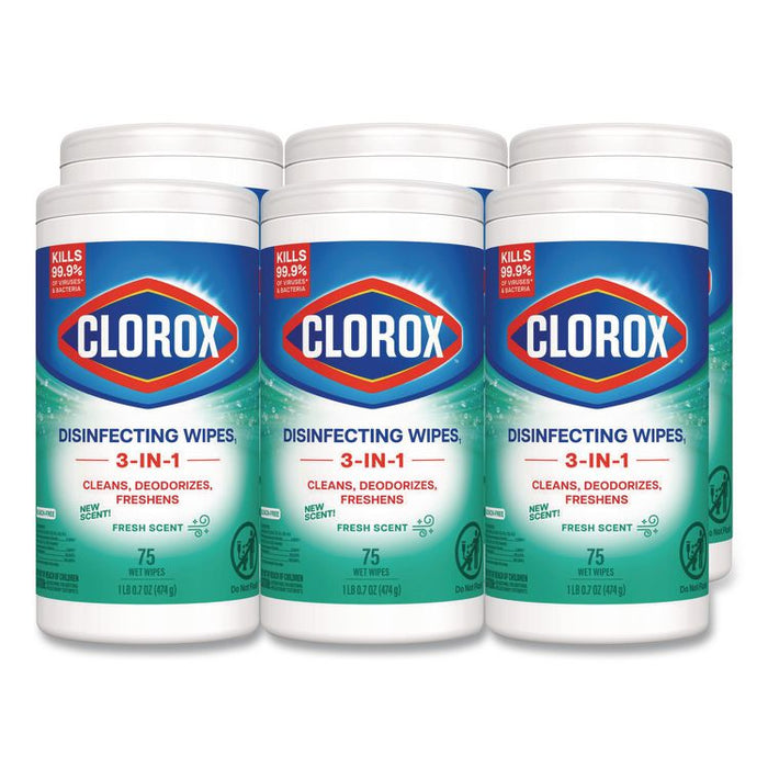 Disinfecting Wipes, Bleach Free Cleaning Wipes, 1-Ply, 7 x 8, Fresh Scent, White, 75/Canister, 6 Canisters/Carton