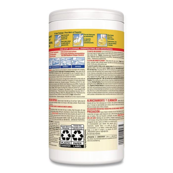 CloroxPro Disinfecting Wipes, 1-Ply, 7 x 8, Lemon Fresh, White, 75/Canister