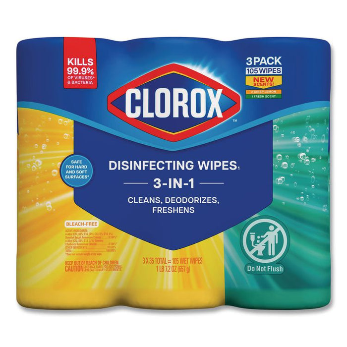 Disinfecting Wipes, 1-Ply, 7 x 8, (1) Fresh Scent/(2) Crisp Lemon, White, 35/Canister, 3 Canisters/Pack