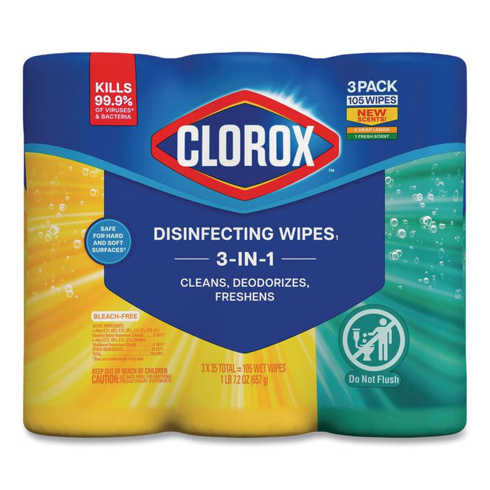 Disinfecting Wipes, Cleaning Wipes, 1-Ply, 7 x 8, Fresh Scent/Citrus Blend, 35/Canister, 3/Pack, 5 Packs/Carton