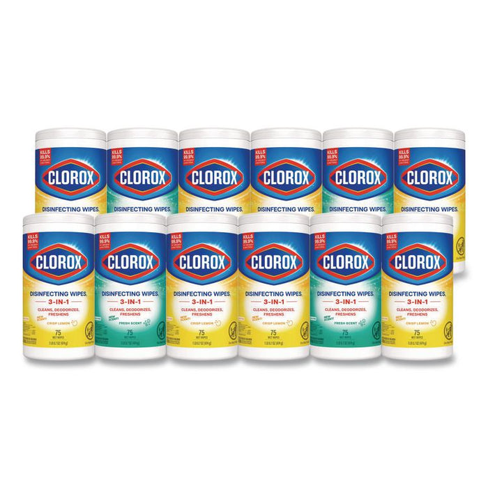 Disinfecting Wipes, Bleach Free Cleaning Wipes, 1-Ply, 7 x 8, Fresh Scent/Citrus Blend, White, 75/Canister, 3/Pack, 4/Carton