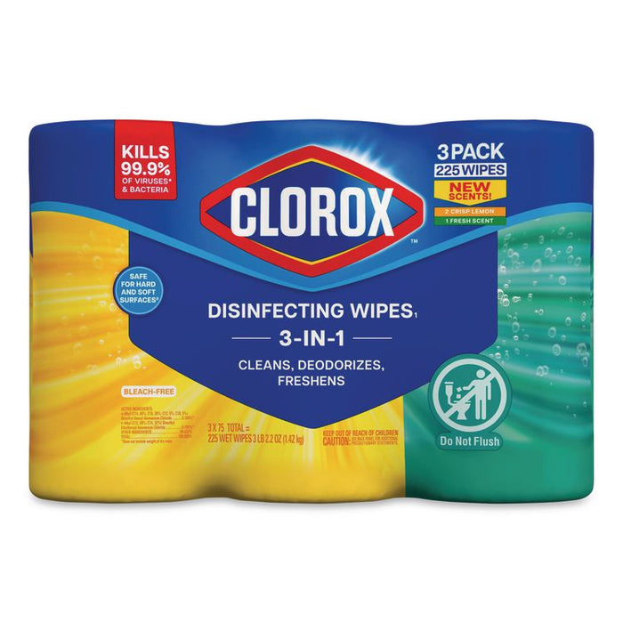Disinfecting Wipes, Value Pack, Bleach Free Cleaning Wipes, 1-Ply, 7x8, Fresh Scent/Citrus Blend, White, 75/Canister, 3/Pack