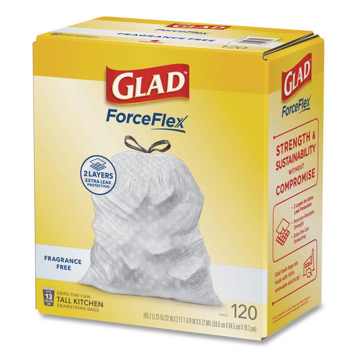Tall Kitchen Drawstring Trash Bags with LeakGuard, 13 gal, Unscented, 23.47" x 25.38", White, 120/Box