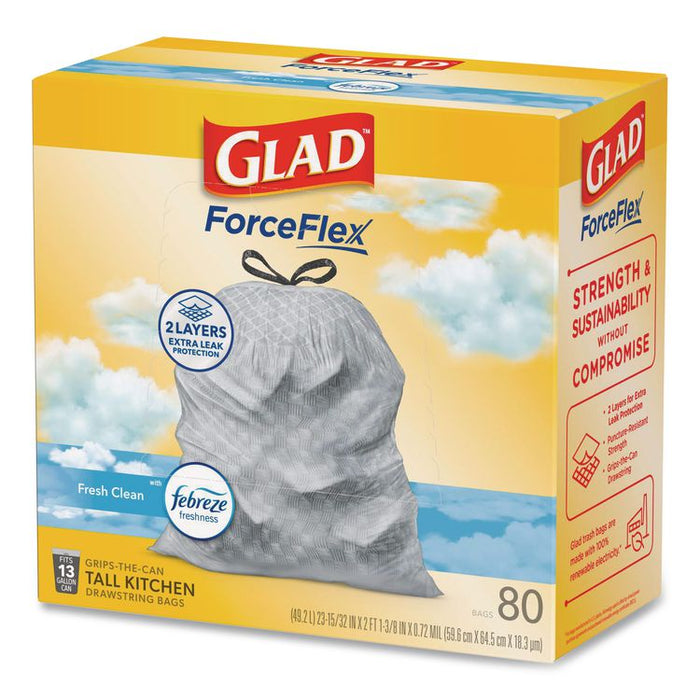 ForceFlex Kitchen Drawstring Trash Bags, 13 gal, Fresh Clean with Febreze Freshness, 24 x 27.38, White, 80/Box