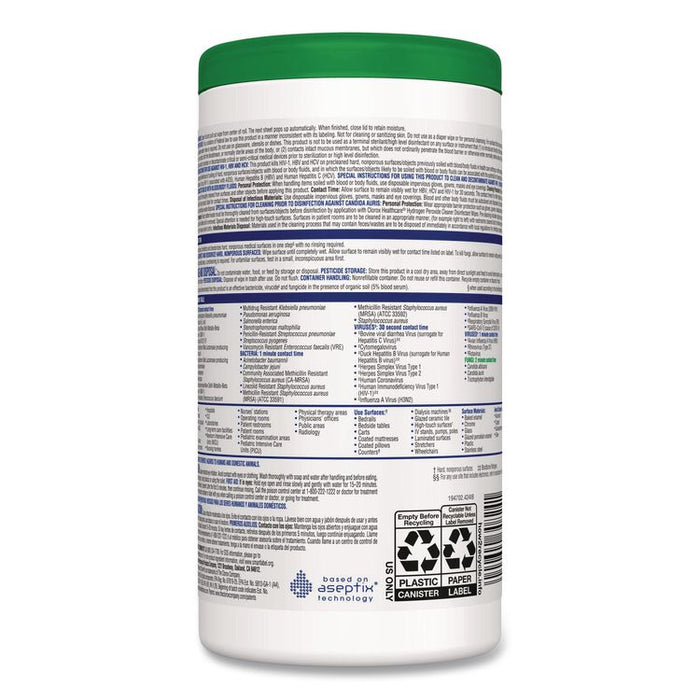 Hydrogen Peroxide Cleaner Disinfectant Wipes, 6.75 x 9, White, 95/Canister
