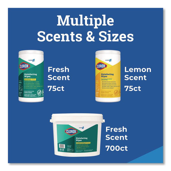 CloroxPro Disinfecting Wipes, 1-Ply, 7 x 8, Lemon Fresh, White, 75/Canister