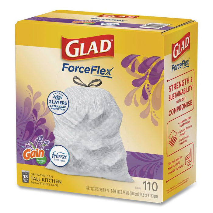 ForceFlex Tall Kitchen Drawstring Trash Bags, 13 gal, Gain Lavender with Febreze Freshness, 10.18 x 9.81, White, 110/Box