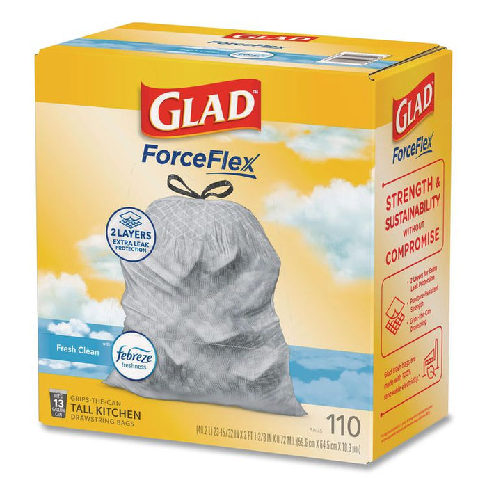 ForceFlex Tall Kitchen Drawstring Trash Bags, Drawstring, 13 gal, Fresh Clean Scent, 10.19 x 9.81, Gray, 110/Roll, 3/Carton
