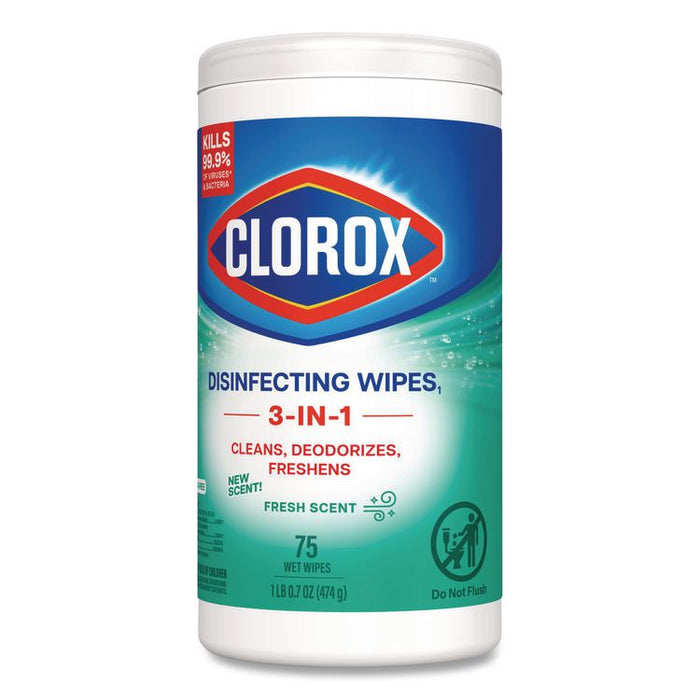 Disinfecting Wipes, Bleach Free Cleaning Wipes, 1-Ply, 7 x 8, Fresh Scent, White, 75/Canister, 6 Canisters/Carton
